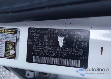 2008 Hyundai Santa Fe Gls z USA, uszkodzony, nr VIN 5NMSG13D38H211729